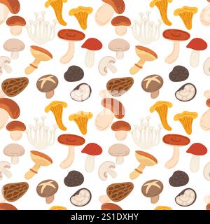 Motif sans couture ensemble assorti de champignons frais. Récolte forestière sauvage. Nourriture biologique fraîche mûre. Illustration vectorielle sur fond blanc. Illustration de Vecteur