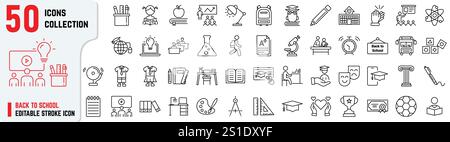 L'icône de trait modifiable de retour à l'école comprend également l'enseignement, l'éducation en ligne, le diplôme, l'étude, l'apprentissage, uniforme. Icônes de contour fin pour l'enseignement Illustration de Vecteur