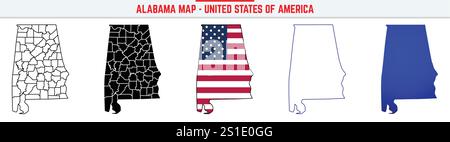 Carte de l'Alabama avec icône de contour modifiable. Icône de ligne mince Alabama USA State, illustration vectorielle de carte de l'Alabama, Alabama, carte vectorielle de silhouette bleue Al Illustration de Vecteur