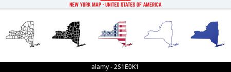 Carte de New York avec icône de contour modifiable. New York États-Unis icône de ligne mince, illustration vectorielle de carte de New York, New York, NY, carte vectorielle de silhouette de NYC Illustration de Vecteur
