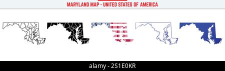 Carte du Maryland avec icône de contour modifiable. Icône de ligne mince Maryland USA State, illustration vectorielle de carte du Maryland, Maryland, carte vectorielle de silhouette bleue MD Illustration de Vecteur
