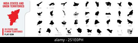 Icônes de traits modifiables des 28 états de l'Inde avec les territoires de l'Union. États comme le Tamil Nadu, Delhi, Mumbai, Kolkata, etc Illustration de Vecteur