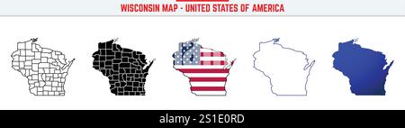 Carte du Wisconsin avec icône de contour modifiable. Wisconsin États-Unis icône de ligne mince, illustration vectorielle de carte Wisconsin, Wisconsin, carte vectorielle de SILHOUETTE WI Illustration de Vecteur