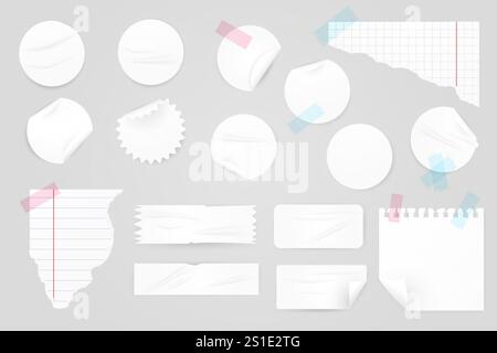 Ensemble d'illustration réaliste vectoriel d'autocollants blancs ronds et rectangulaires, clip art, morceaux de papier Illustration de Vecteur