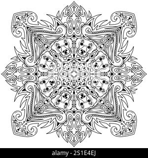 Têtes de chien illustration symétrique abstraite. Elément décoratif dessiné à la main. Mandala noir pour livre de coloriage, tatouage, henné, motif de conception de t-shirt. Banque D'Images