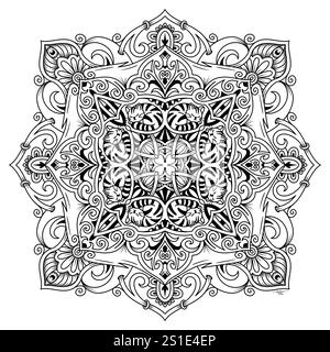 Chats endormis illustration symétrique abstraite. Elément décoratif dessiné à la main. Mandala noir pour livre de coloriage, tatouage, henné, motif de conception de t-shirt Banque D'Images