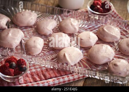 Poupées faites de yogourt, de poudre de protéines de lactosérum et de baies forestières, prêtes à être congelées et trempées dans du chocolat pour préparer un dessert sain Banque D'Images