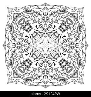 Illustration symétrique abstraite avec des écritures de bonjour. Elément décoratif dessiné à la main. Mandala noir pour livre de coloriage, tatouage, henné, design de t-shirt Banque D'Images