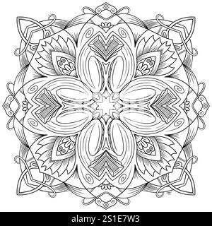 Illustration symétrique abstraite. Elément décoratif dessiné à la main. Mandala noir pour livre de coloriage, tatouage, henné, motif de conception de t-shirt Banque D'Images