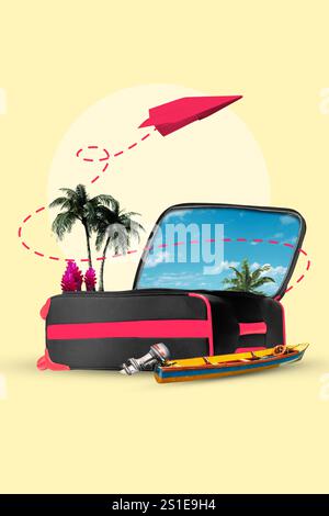 Collage d'art contemporain. Valise noire et rouge avec palmiers, ciel bleu et petit bateau. Inclut un avion en papier rouge vif survolant le jaune ensoleillé Banque D'Images