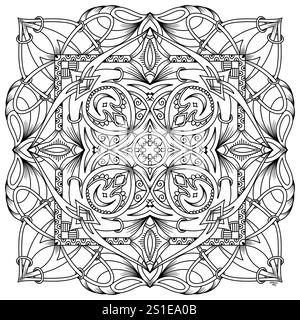 Illustration symétrique abstraite. Elément décoratif dessiné à la main. Mandala noir pour livre de coloriage, tatouage, henné, motif de conception de t-shirt Banque D'Images