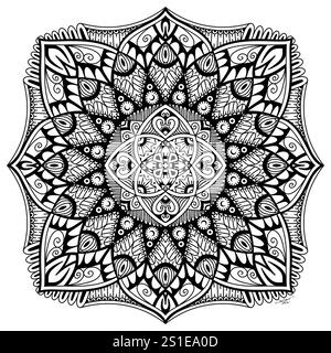 Illustration symétrique abstraite. Elément décoratif dessiné à la main. Mandala noir pour livre de coloriage, tatouage, henné, motif de conception de t-shirt Banque D'Images