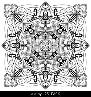 Illustration symétrique abstraite. Elément décoratif dessiné à la main. Mandala noir pour livre de coloriage, tatouage, henné, motif de conception de t-shirt Banque D'Images