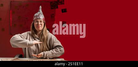 Femme portant des lunettes dans un chapeau en aluminium montrant le signe de grande taille avec les mains assis sur le fond rouge. Complot. Théorie du complot. Bannière. Copier l'espace Banque D'Images