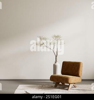 Design intérieur de style Japandi avec meubles en bois et matières premières. Maquette de mur vide dans un intérieur de style Japandi. Illustration 3D. Banque D'Images