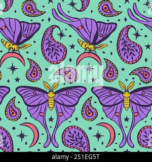 Motif sans couture avec motif céleste luna Moth et Paisley. Fond d'écran boho étoiles et lunes Illustration de Vecteur