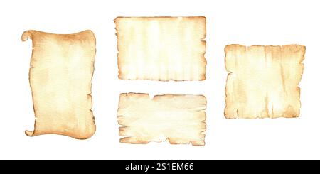 Aquarelle vieux papier jauni usé avec bords déchirés et clip d'illustration déroulé à défilement Modèles avec espace vide pour lettres vintage ou simples Banque D'Images