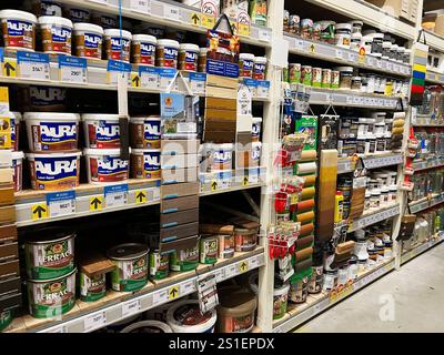 Kiev, Ukraine - 03 janvier 2025 : présentoirs présentant une gamme de fournitures de peinture, y compris des boîtes et des outils couramment utilisés dans le pro de l'amélioration de la maison Banque D'Images
