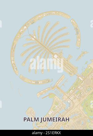 Une carte détaillée de Palm Jumeirah, un archipel artificiel à Dubaï, aux Émirats arabes Unis. La carte met en valeur la forme emblématique du palmier Illustration de Vecteur