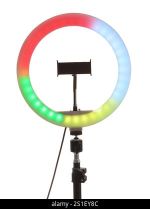 Trépied avec anneau lumineux isolé sur blanc Banque D'Images