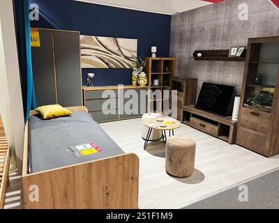 Kiev, Ukraine - 03 janvier 2025 : un salon et une chambre à coucher contemporains avec des meubles en bois, des éléments de décoration et des solutions de rangement. Style a Banque D'Images