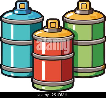 Illustration lumineuse et minimaliste de trois bidons aux couleurs vives, idéale pour la représentation de stockage de carburant, de gaz ou de liquide Illustration de Vecteur