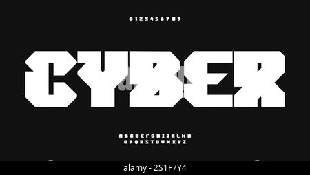 Police de caractères Cyber tech, lettres d'imprimerie futuristes, police d'affichage numérique pour l'image de marque technologique, interface de jeu, titres de science-fiction, design numérique contemporain Illustration de Vecteur