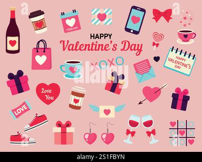 Ensemble d'illustrations. Saint-Valentin. Éléments de vacances mignons. Illustration vectorielle dans un style plat. Illustration de Vecteur