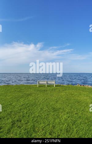 Banc isolé, blanc, vide dans une prairie sur la rive de la lagune de Szczecin dans le village d'Altwarp, parc naturel Am Stettiner Haff, Mecklenbur Banque D'Images