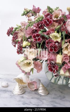 Bouquet de clous de girofle rouge vin (dianthus), fleurs de soie rose et blanche (lysanthus) dans un vase sphérique en verre sur une table en marbre blanc contre un col clair Banque D'Images