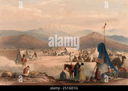 Le campement de Dadur, avec l'entrée du col de Bolan', 1839. L'armée de l'Indus est entrée en Afghanistan par le col de Bolan, un passage de 60 milles de long et 5 880 pieds de haut à son point culminant. Il a fallu deux semaines à l'armée pour le traverser. Au cours de cette période, ils sont attaqués par des membres de la tribu Baluchi qui se cachent dans les grottes surplombant le col. L'invasion britannique de l'Aghanistan pour installer Shujah comme chef fantoche a été l'une des pires catastrophes militaires de l'histoire. Après l'installation du Shah Shujah à Kaboul, l'armée se retire en Inde. La colonne forte de 20 000 a été anéantie avec l'ex Banque D'Images