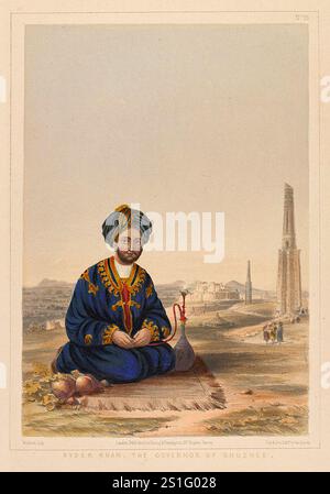 Hyder Khan, le gouverneur de Ghuznee', 1842 Un portrait de Ghulam Hyder Khan avec les deux minarets de Ghazni en arrière-plan. Ghulam Hyder Khan était le quatrième fils de Dost Mohammed Khan, émir d'Afghanistan, et commandait la défense de Ghazni lorsque les Britanniques envahirent l'Afghanistan en 1839. Ghuzni a été attaqué et emmené par les Britanniques en route pour Kaboul. L'invasion britannique de l'Aghanistan pour installer Shujah comme chef fantoche a été l'une des pires catastrophes militaires de l'histoire. Après l'installation du Shah Shujah à Kaboul, l'armée se retire en Inde. La colonne forte de 20 000 a été anéantie avec Banque D'Images