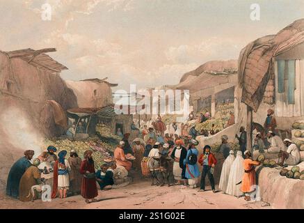 La rue principale dans le Bazar à Kaboul dans la saison des fruits, 1839. L'occupation Brirish de Kaboul fut relativement paisible au début et les artistes eurent le temps de peindre des scènes locales comme le marché aux fruits. Banque D'Images