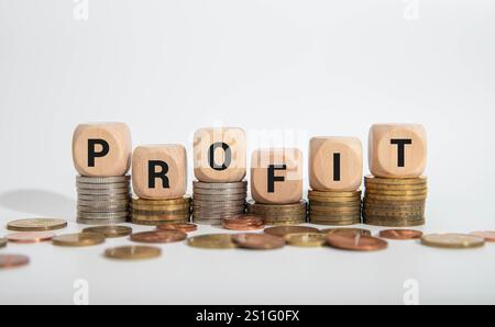 Texte de lettres en bois PROFIT sur fond gris. Concept de citations de mots de motivation. Espace de copie, bannière vue de dessus vente saisonnière à plat, vente au détail, magasinage Banque D'Images