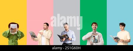 Ensemble de différentes personnes avec des magazines sur fond de couleur Banque D'Images