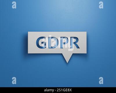Concept gdpr d'entreprise. Main et faux sur le bloc de bulles de parole. Design abstrait minimaliste avec White Cut Out Paper.3D rendu sur fond bleu. Banque D'Images