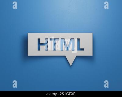 Bloc de bulles de parole avec mot commercial HTML. Design abstrait minimaliste avec White Cut Out Paper.3D rendu sur fond bleu. Banque D'Images