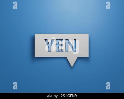 Bloc de bulles de discours avec mot commercial en yen. Design abstrait minimaliste avec White Cut Out Paper.3D rendu sur fond bleu. Banque D'Images