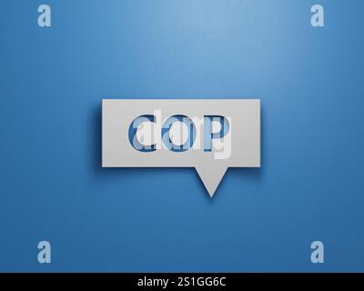 COP Colombia Peso signe sur la bulle de discours colorée. Design abstrait minimaliste avec White Cut Out Paper.3D rendu sur fond bleu. Banque D'Images