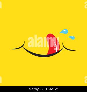Émoticône de sourire délicieux avec la langue lécher la bouche. Nourriture savoureuse mangeant emoji face. Délicieux dessin animé avec des gouttes de salive sur fond jaune. Illustration de Vecteur