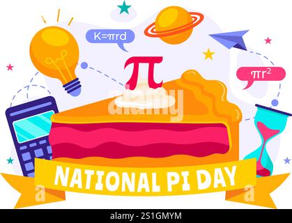 Illustration vectorielle de la Journée nationale Pi le 14 mars présentant des constantes mathématiques, des lettres grecques et une tarte au four sucrée dans un fond plat de vacances Illustration de Vecteur