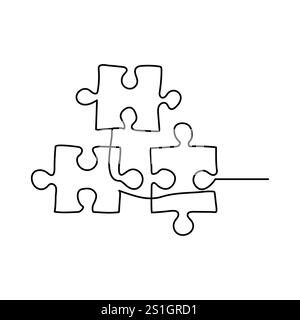 Dessin continu d'une ligne de deux morceaux de puzzle sur fond blanc. Symbole de jeu de puzzle et métaphore commerciale de signe de la résolution de problèmes, Illustration de Vecteur