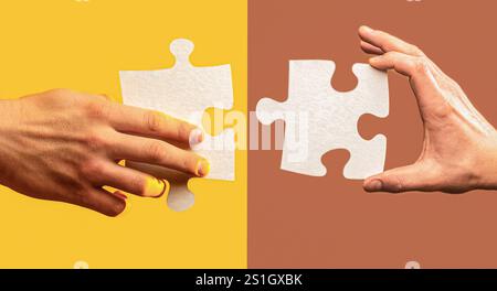 Deux mains essayant de connecter une pièce de puzzle couple sur un fond brun et jaune. Les mains humaines tiennent, assemblant des pièces de puzzle Banque D'Images