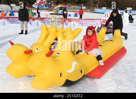 Pékin, Chine. 4 janvier 2025. Les visiteurs s'amusent au parc Yuanmingyuan à Pékin, capitale de la Chine, le 4 janvier 2025. Le festival de glace et de neige du parc Yuanmingyuan a débuté samedi. Crédit : Luo Xiaoguang/Xinhua/Alamy Live News Banque D'Images