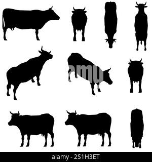 Des séries de silhouettes de vaches noires et blanches sont montrées, avec une vache debout et les autres dans différentes positions. La scène est calme et paisible, comme la vache Illustration de Vecteur