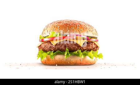 Hamburger de bœuf vierge avec maquette de fromage, vue de face, rendu 3D. Burger classique vide avec pain, viande, fromage, oignon, tomate, maquette de salade, isolez Banque D'Images