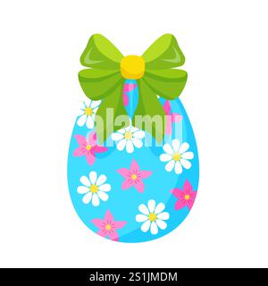 Oeuf bleu de Pâques coloré avec des fleurs, avec un noeud vert et des rubans. dessiné à la main. vecteur Illustration de Vecteur