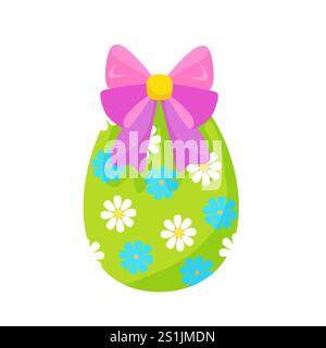 Oeuf vert de Pâques coloré avec des fleurs, avec un noeud rose et des rubans. dessiné à la main. vecteur Illustration de Vecteur