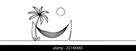 palmiers et hamac dessin continu d'une ligne sur fond blanc. Illustration de Vecteur