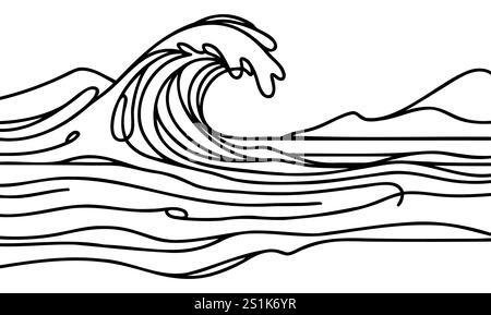 Une ligne continue dessin de vague de mer. Paysage marin abstrait moderne et concept pour club de surf dans un style linéaire simple. Illustration vectorielle Doodle Illustration de Vecteur